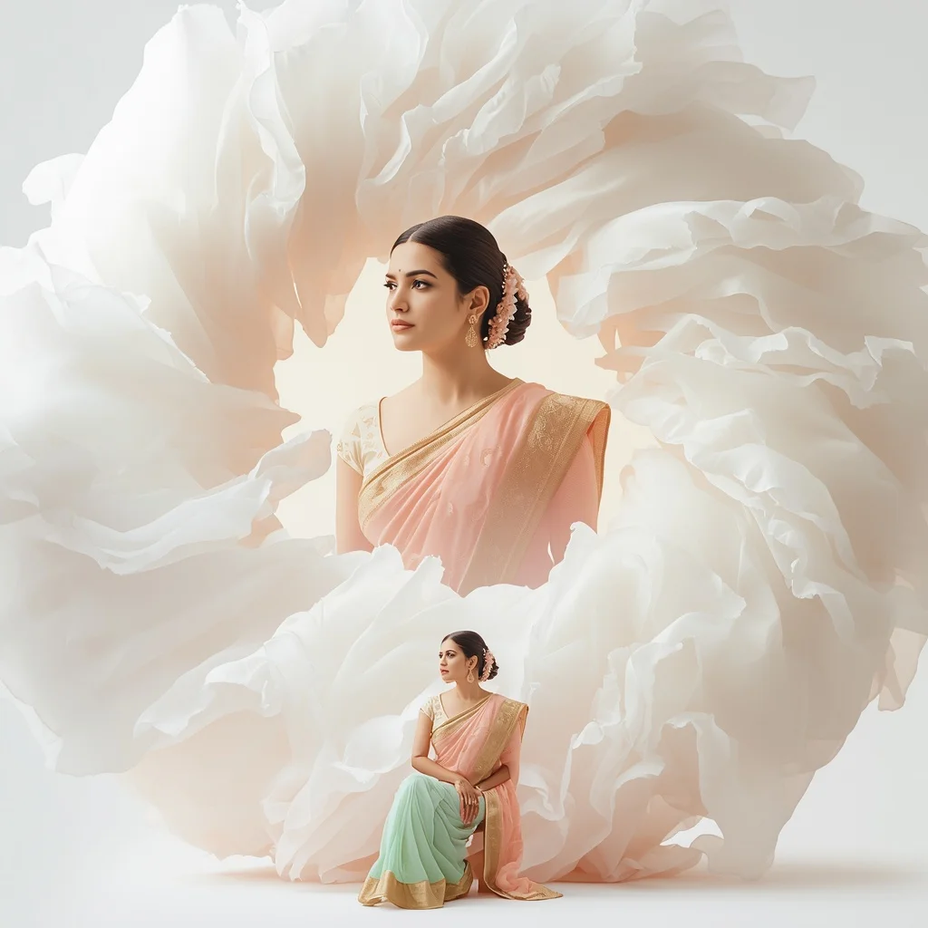 Pastel Saree Whirling Chiffon Clouds Lite Background Premium Prompt | Indian Girl Ai Prompt