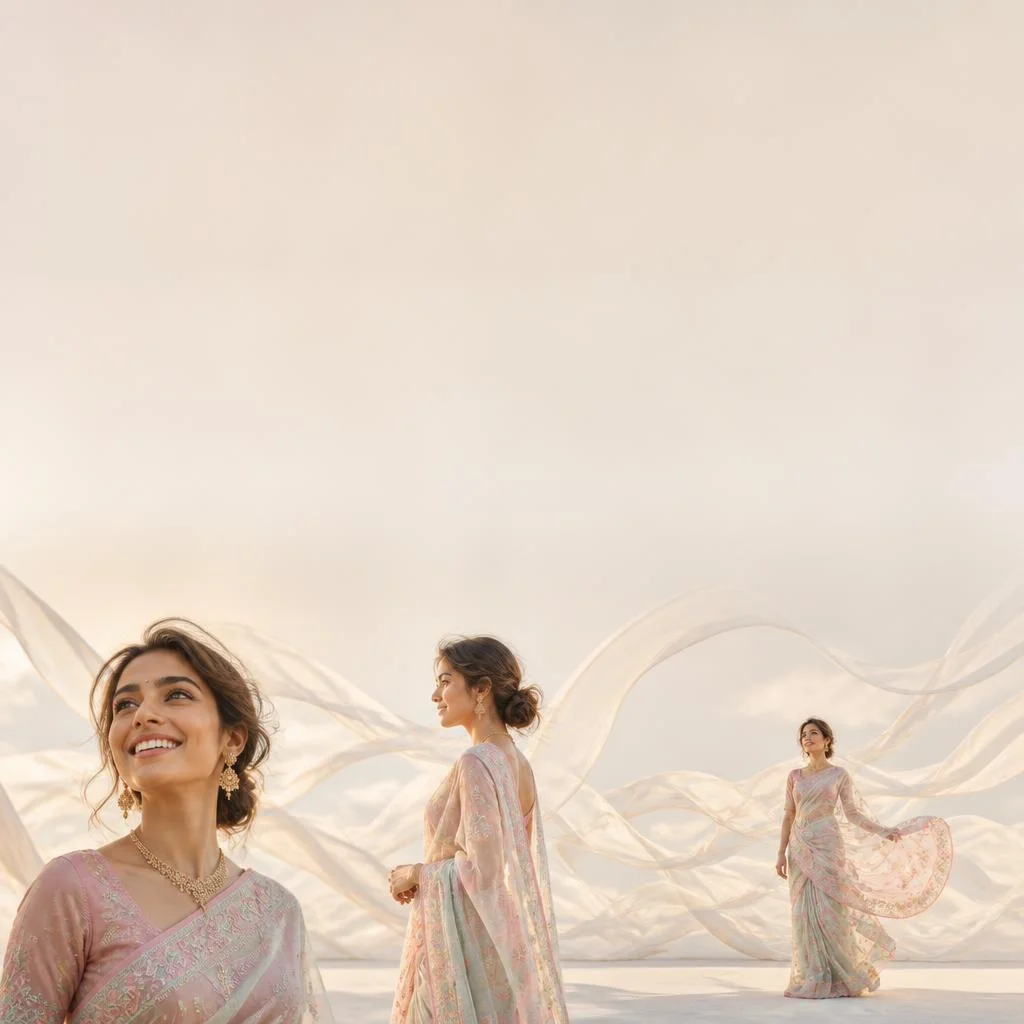 Pastel Saree Whirling Chiffon Ribbons Lite Background Premium Prompt | Prompt For Saree Look For Girl