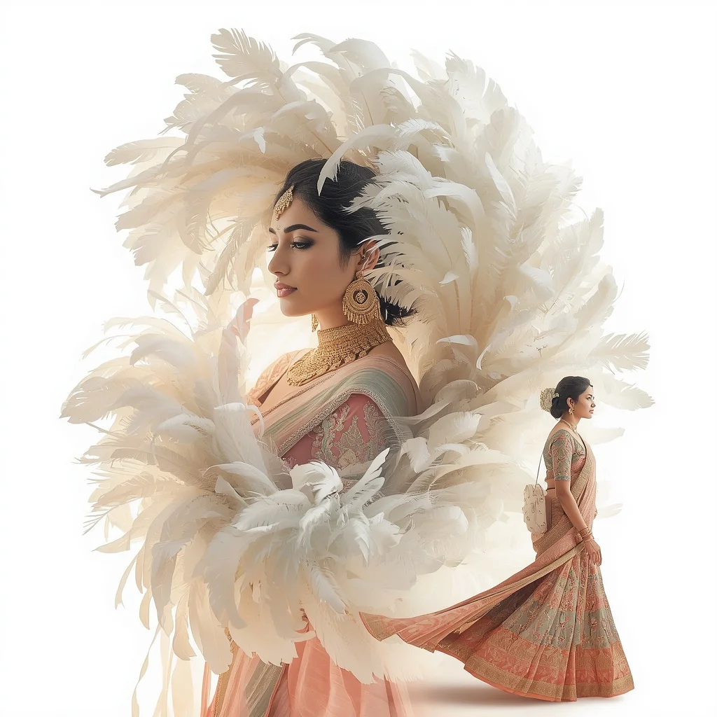 Pastel Saree Whirling Soft Ostrich Plumes Lite Background Viral Prompt | Desi Girl Ai Prompt