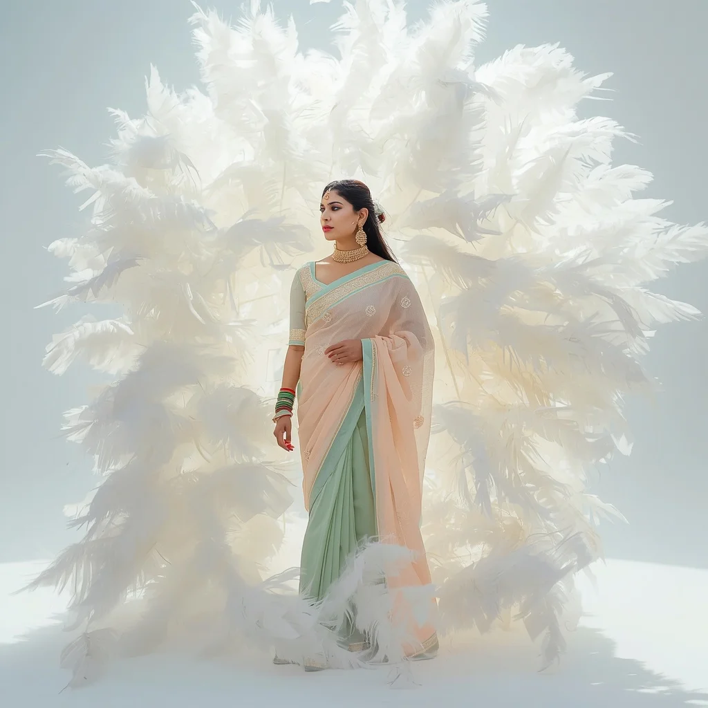 Pastel Saree Whirling White Feathers Lite Background Cinematic Prompt | Prompt For Gemini Ai Girl In Kurti
