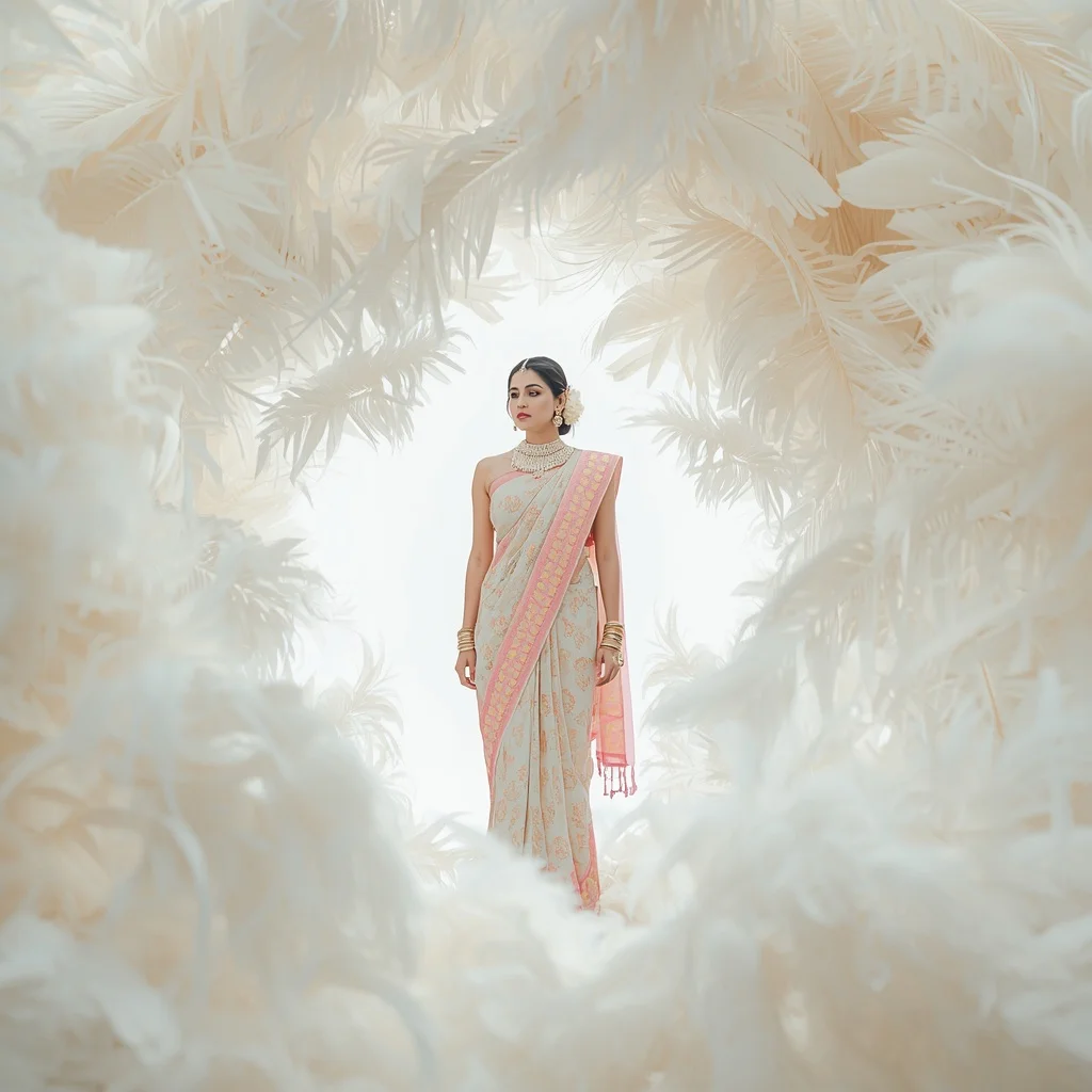 Pastel Saree Whirling White Ostrich Feather Vortex Lite Background Cinematic Prompt | Character Design Ai Prompt
