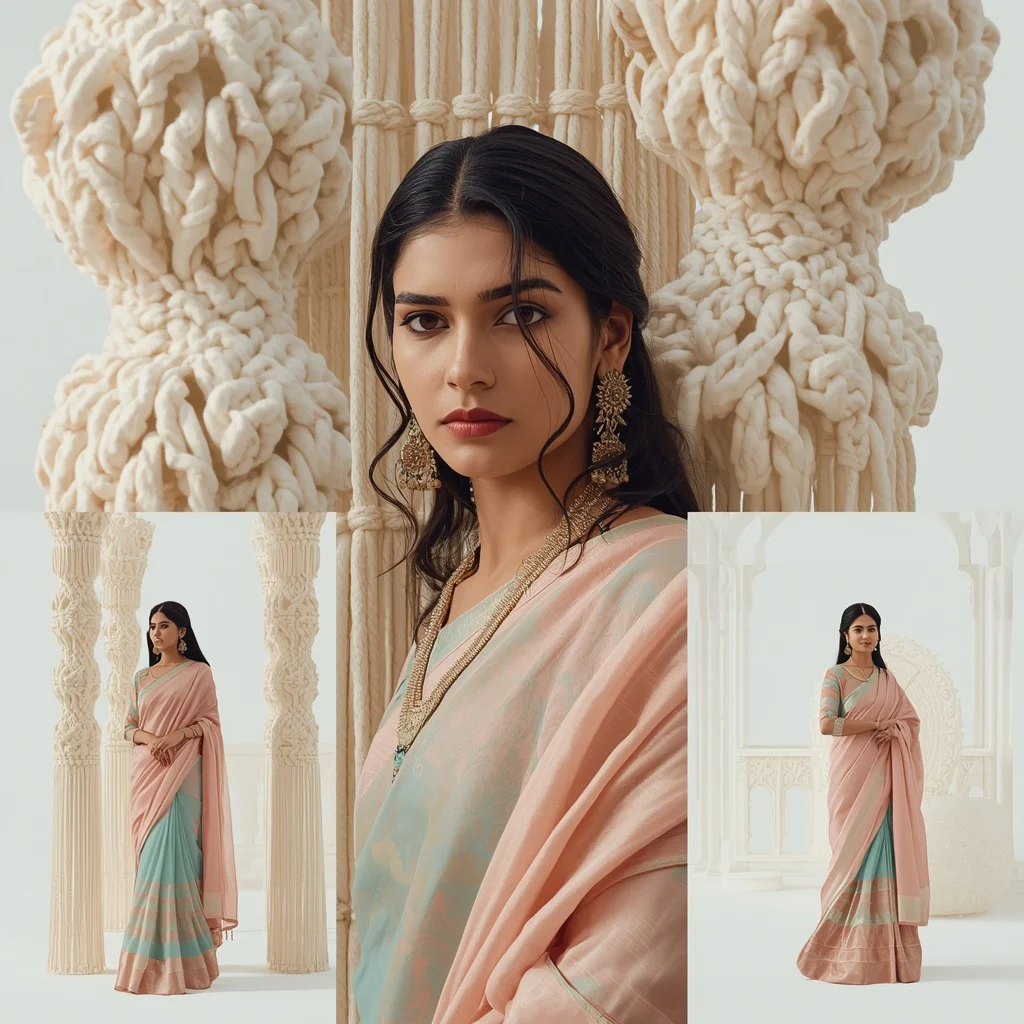 Pastel Saree White Macrame Architecture Lite Background Cinematic Prompt | Prompt For Gemini Ai Girl In Saree Copy And Paste