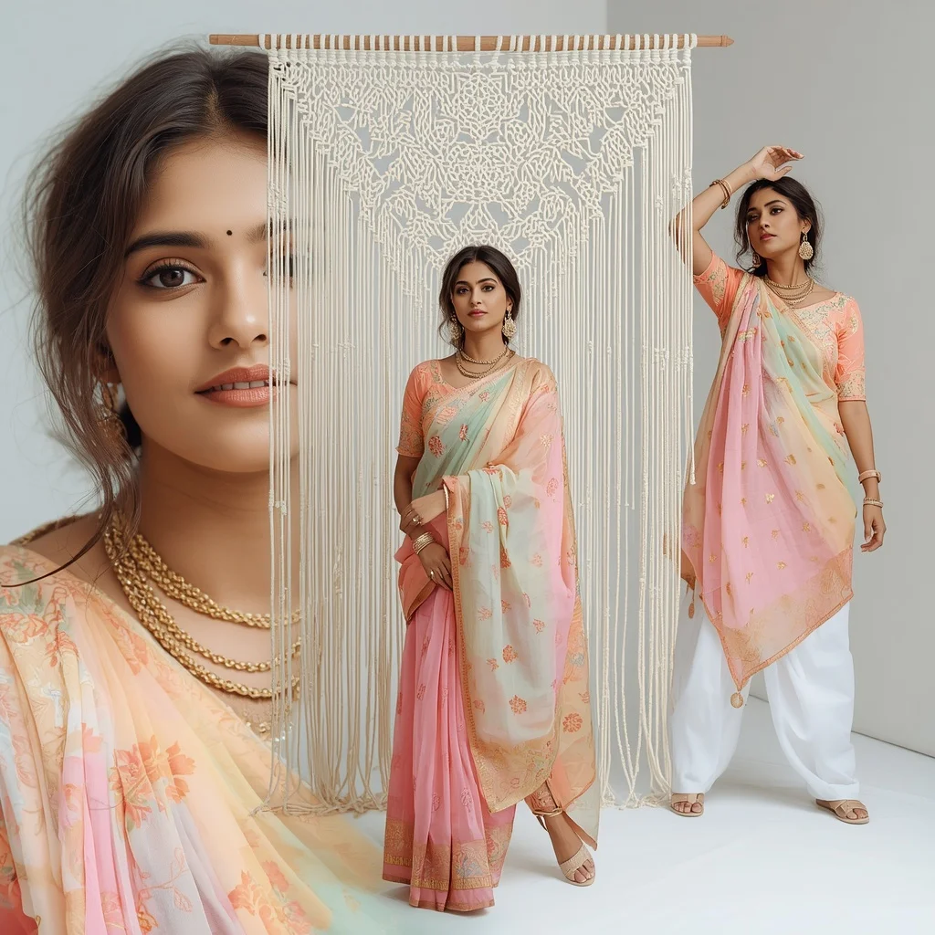 Pastel Saree Woven Macrame Backdrop Lite Background Cinematic Prompt | Character Design Ai Prompt