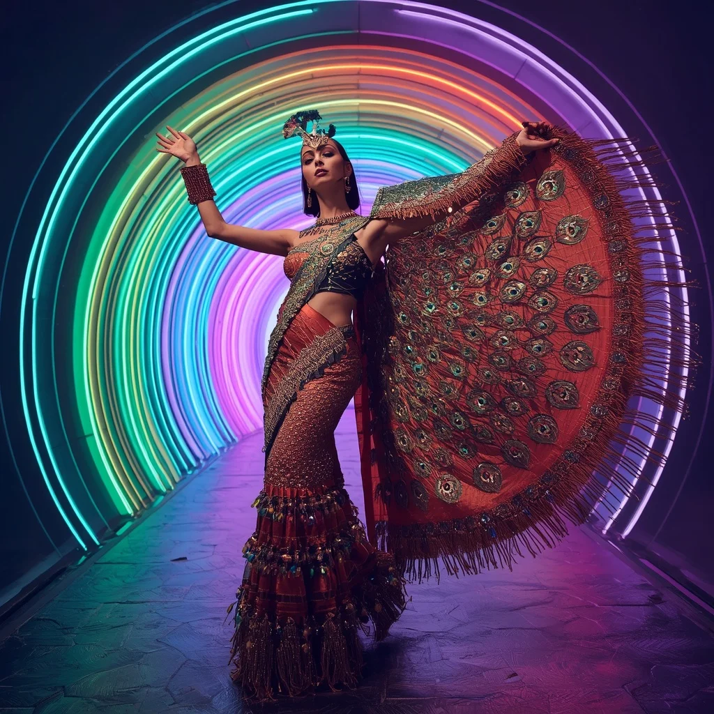 Peacock Blaze Prism Saree with Curved Neon Infinity Palace | Indian Girl Ai Prompt