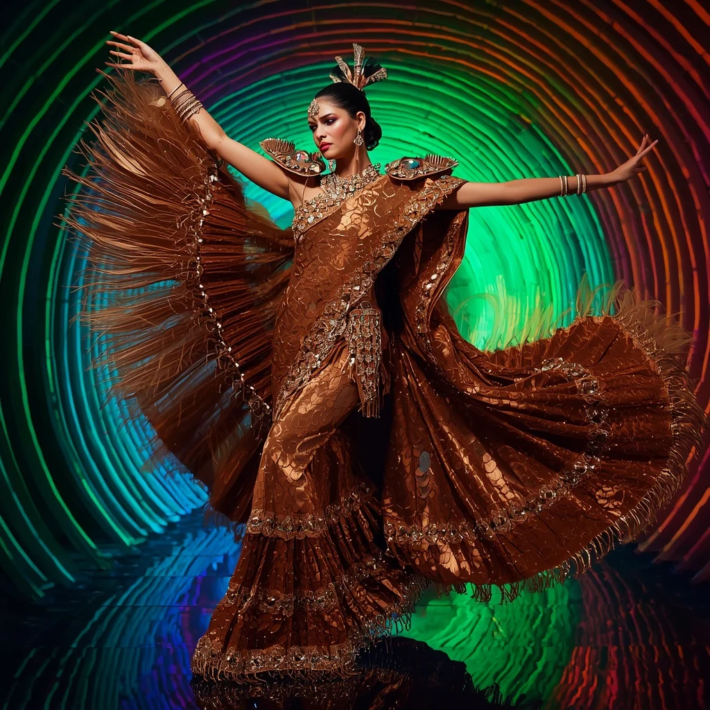 Peacock Blaze Royale Saree with Curved Neon Infinity Kingdom | Gemini Ai Prompt Copy Paste