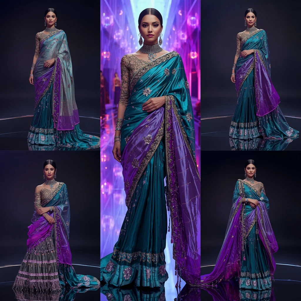 Peacock Crystal Flame Saree with Floating Prism Orbit Sanctuary | Stable Diffusion Prompt