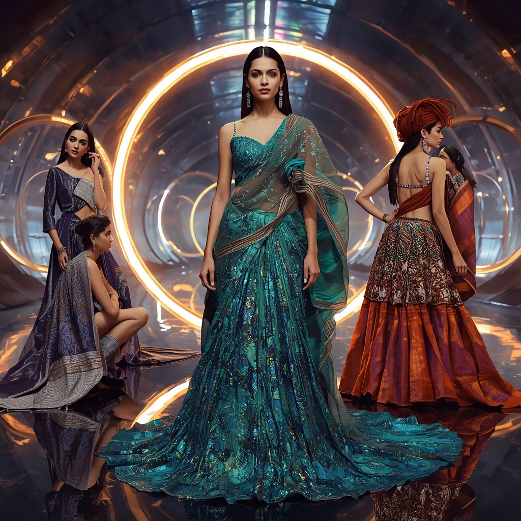 Peacock Crystal Flame Saree with Floating Prism Rings | Stable Diffusion Prompt
