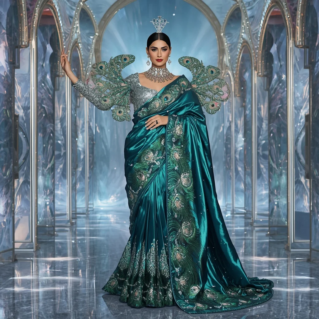 Peacock Diamond Opal Saree with Luxe Crystal Crown Prism Empire | Ai Prompt Generator Free