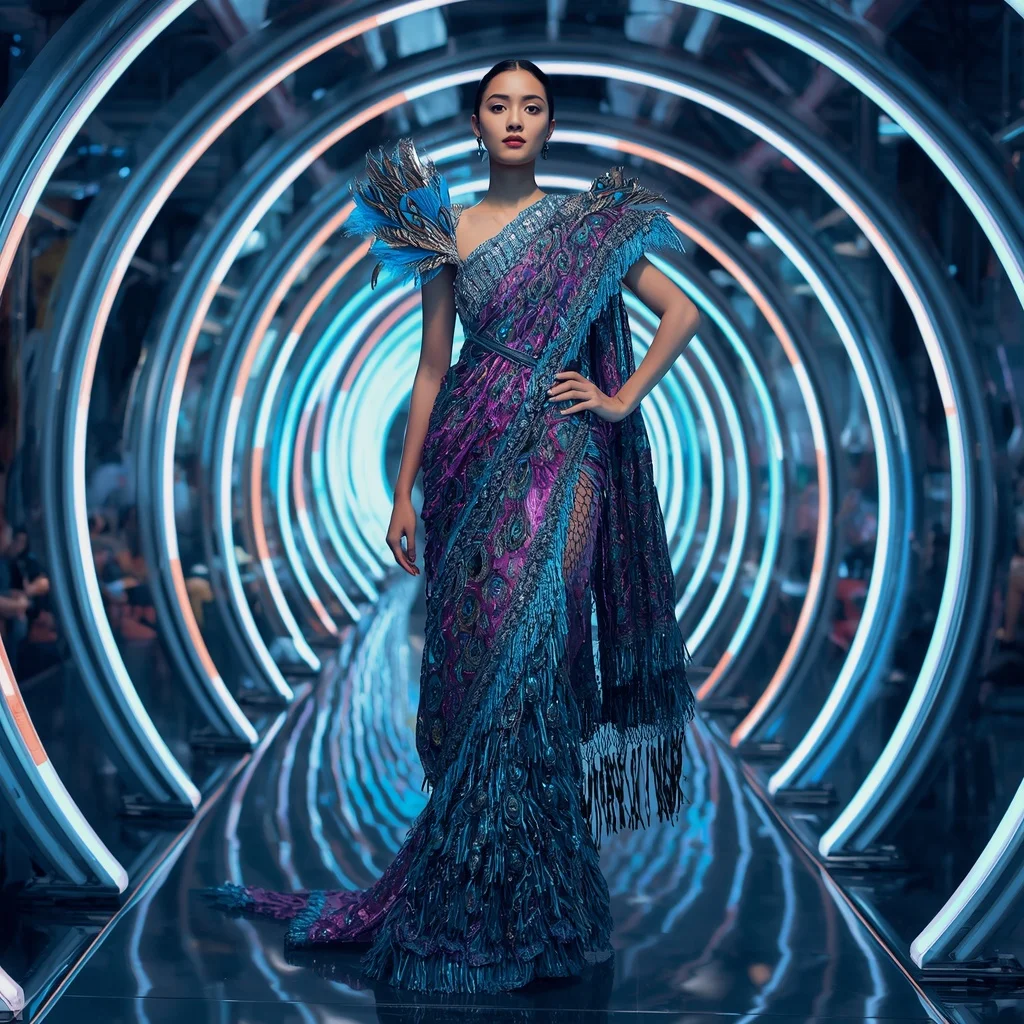Peacock Prism Galaxy Saree with Infinity Neon Spiral Reflection Corridor | Leonardo Ai Image Prompt
