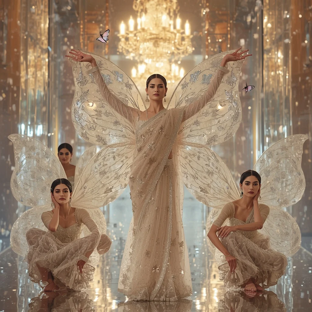 Pearl Butterfly Symphony Saree Editorial Montage with Crystal Music Hall Background | Lighting Ai Prompt