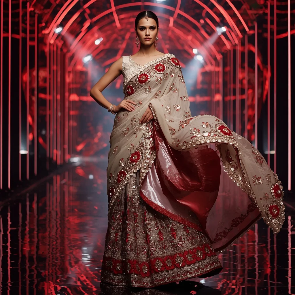 Pearl Crimson Symphony Saree with Reflection Orbit Galaxy Infinity Pavilion | Motivation Ai Prompt