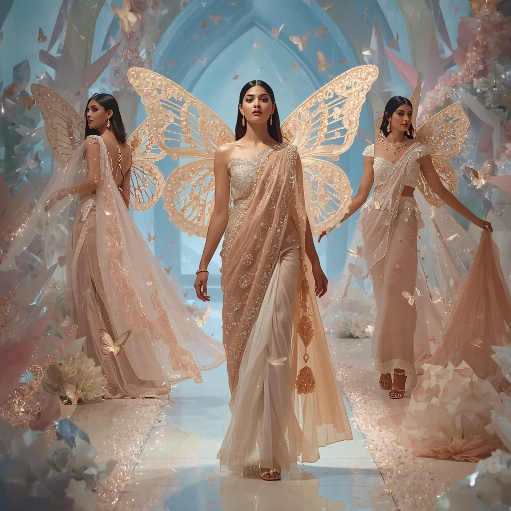 Pearl Lotus Butterfly Heaven Saree  Angelic Multi-Pose Couture with Dream Crystal Temple Background | Instagram Highlight Cover Ai Prompt