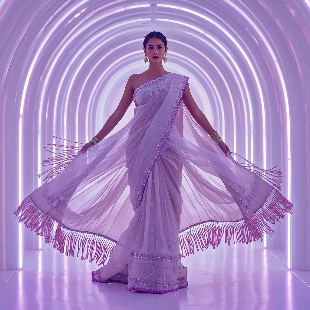 Pearl White Liquid Mesh and Neon Violet Saree with Curved LED Chamber | Cute Ai Prompt