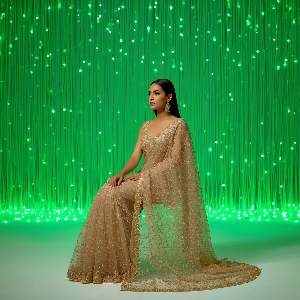 Pearlized Champagne Mesh Saree – Invisible Chair Pose with Emerald Fiber Optics | Cinematic Ai Prompt