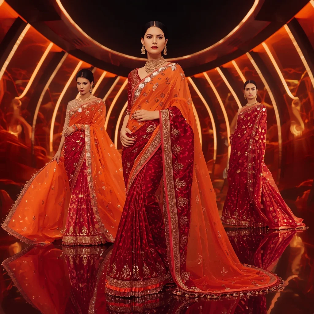 Phoenix Prism Empress Saree with Curved Flame Orbit Hall | Prompt Gemini