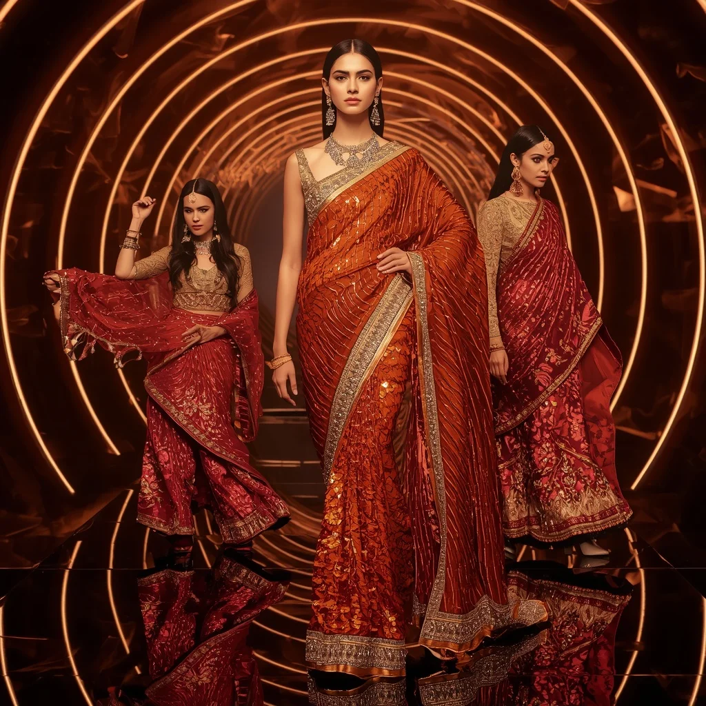 Phoenix Prism Queen Saree with Curved Flame Infinity Orbit Hall | New Instagram Trend Prompt For Girl