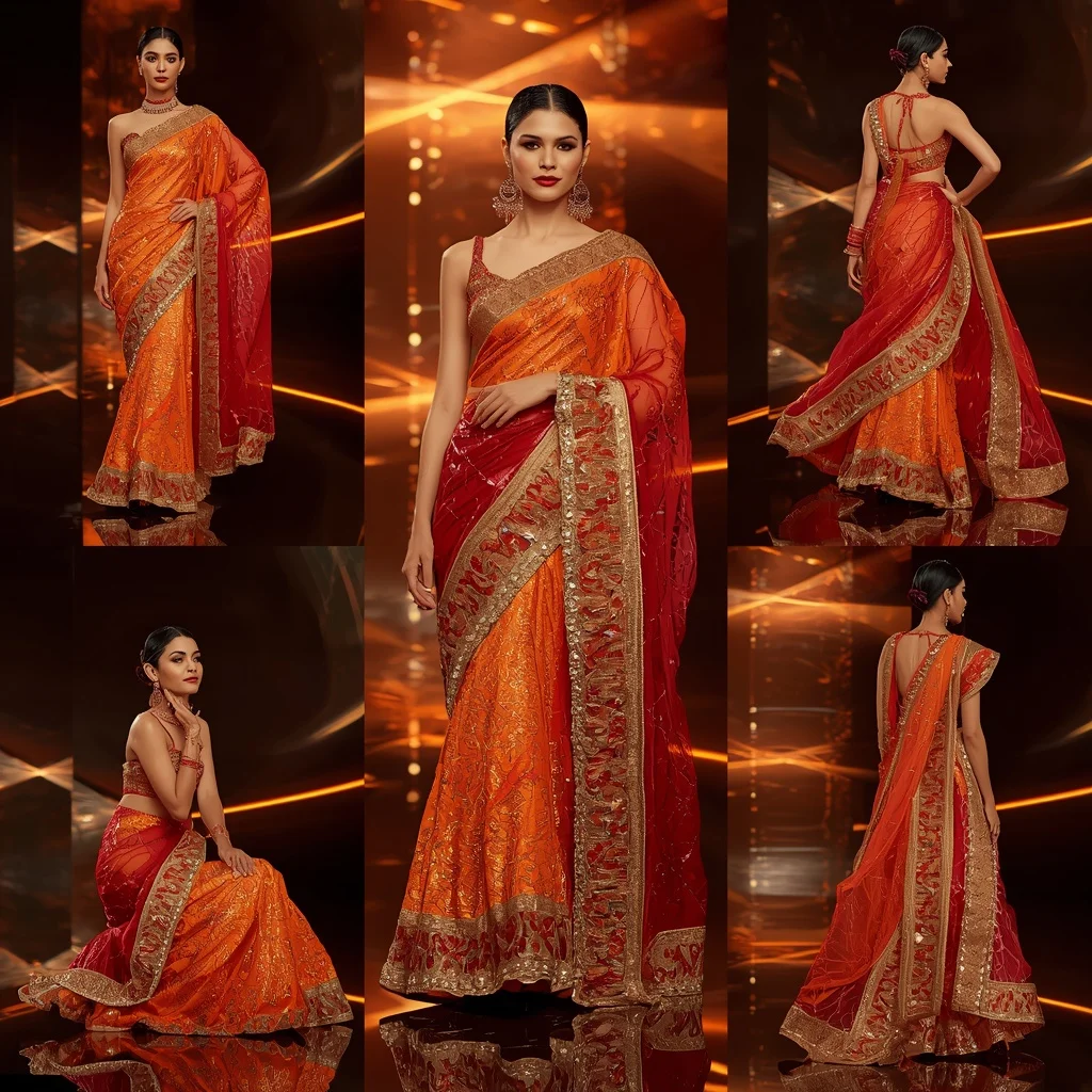 Phoenix Prism Queen Saree with Curved Flame Monolith | Leonardo Ai Image Prompt
