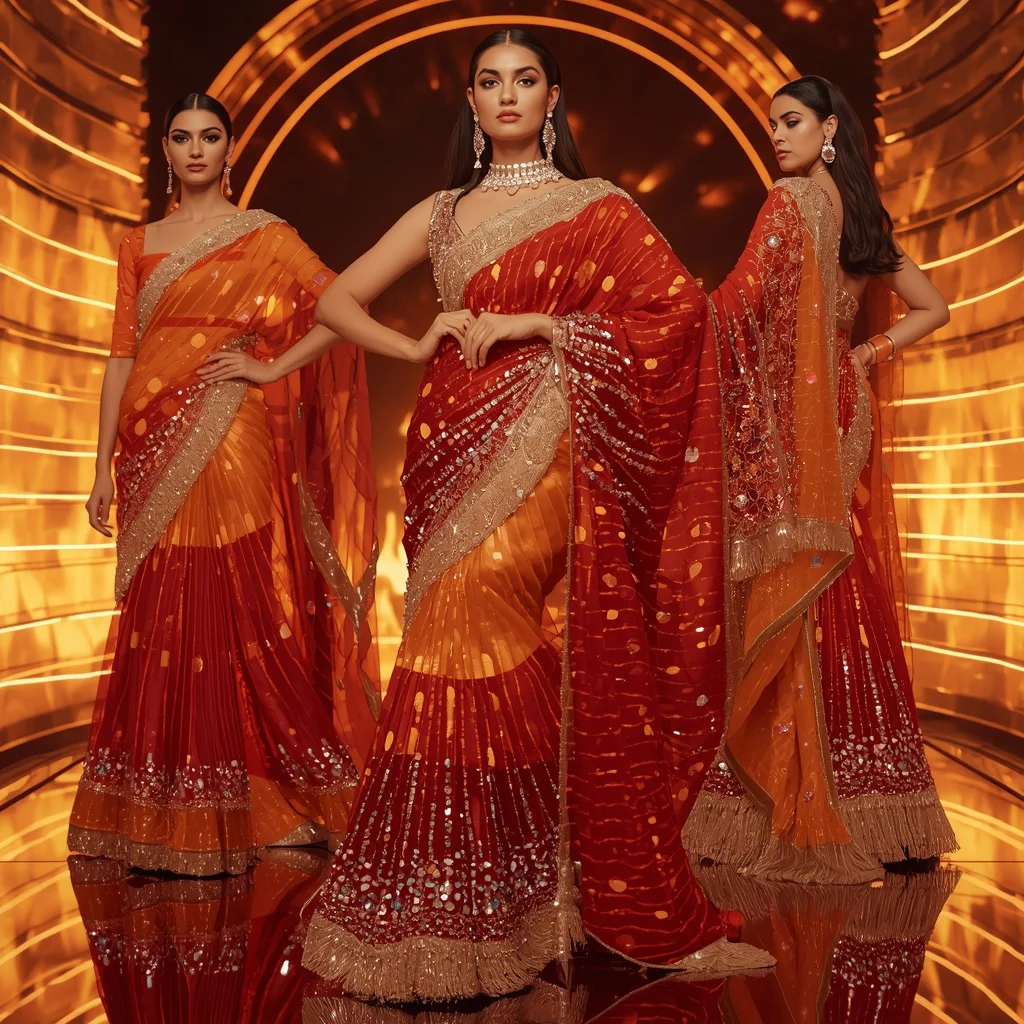 Phoenix Prism Queen Saree with Curved Flame Sanctuary | Prompt Seen Horror Girl