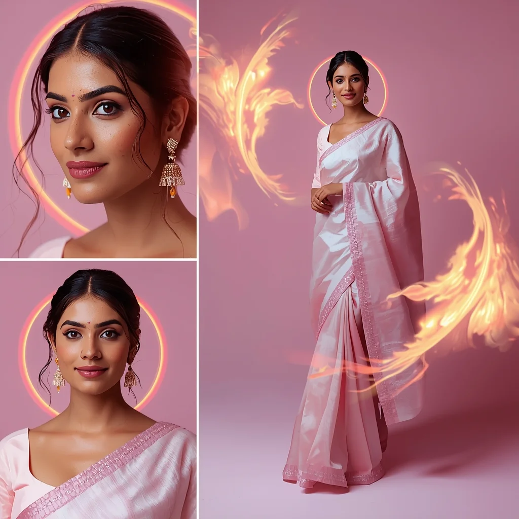 Phoenix Pulse Halo Wave Pastel Saree Indian Woman Premium Composition | Saree Photoshoot Ai Prompt