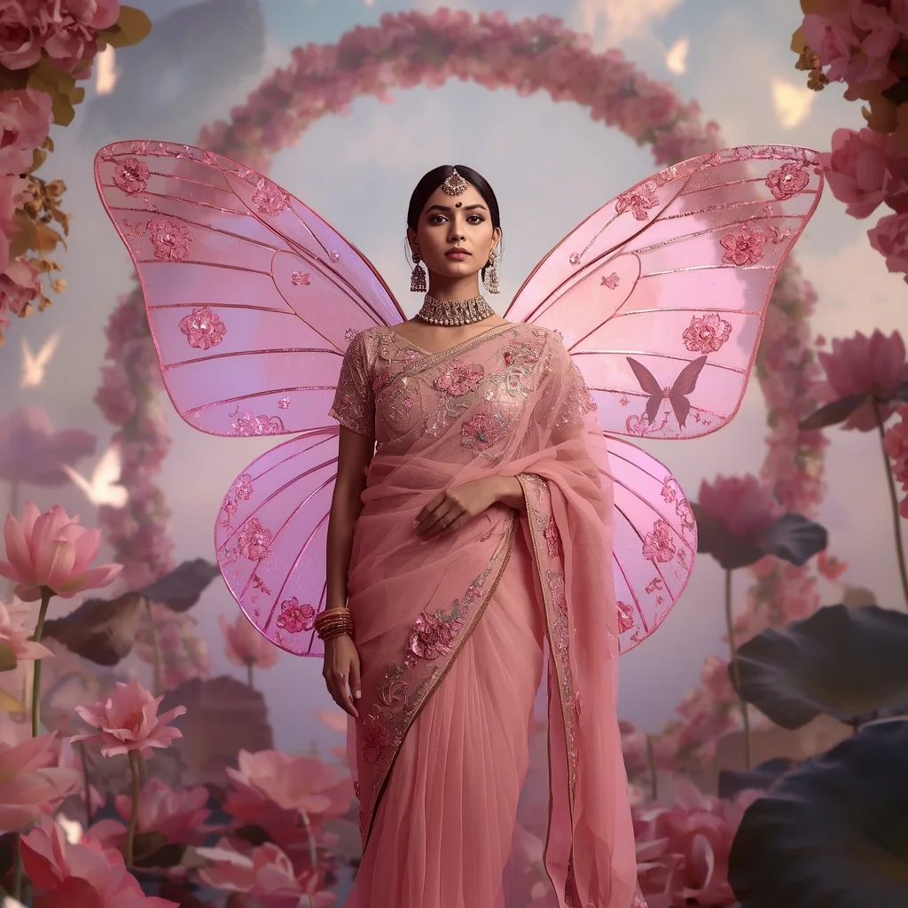 Pink Lotus Butterfly Saree Dream Editorial with Floating Floral Kingdom Background | Influencer Ai Prompt