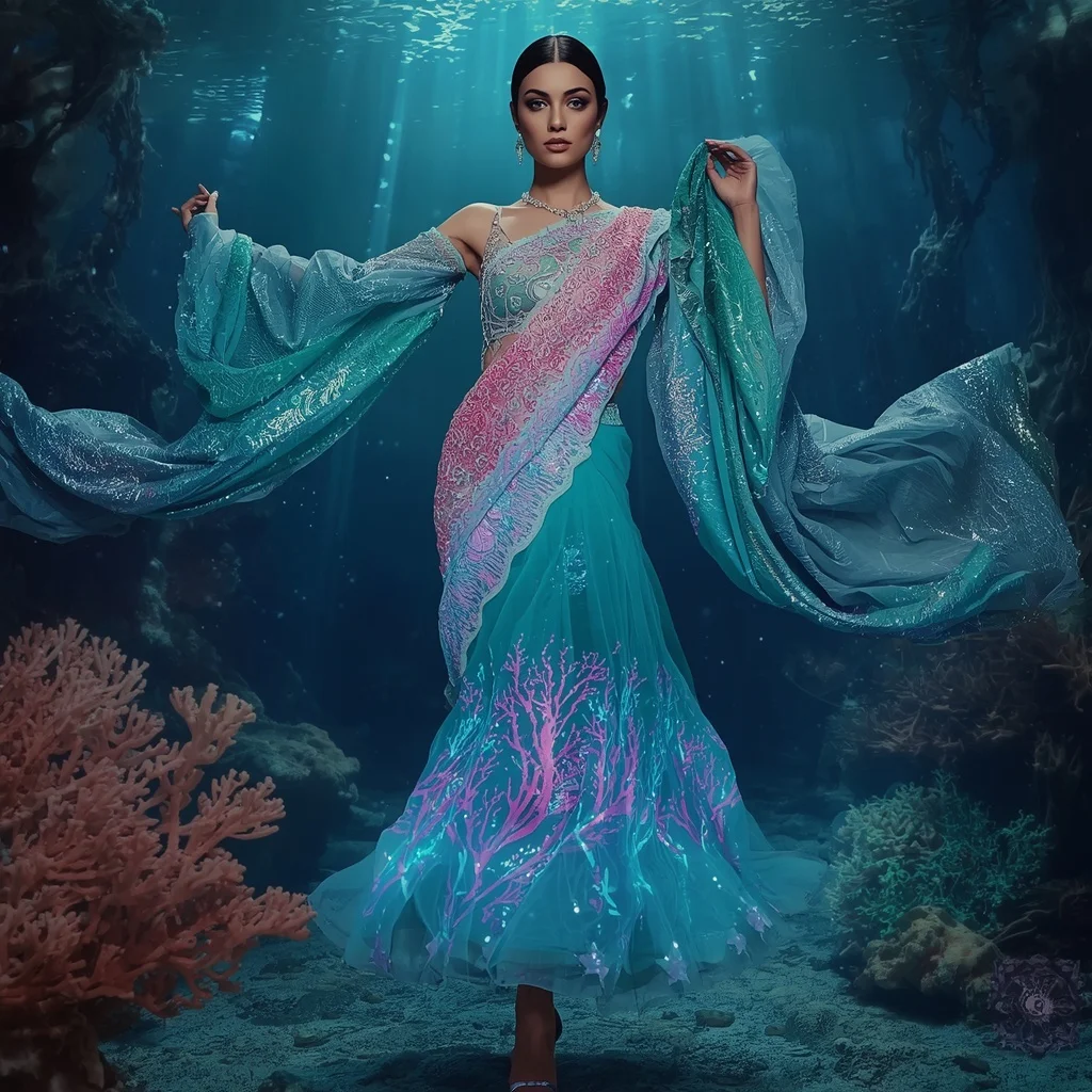 Plasma Coral Abyss Saree with Deep Sea Energy Field | Gemini Ai Prompt Copy Paste