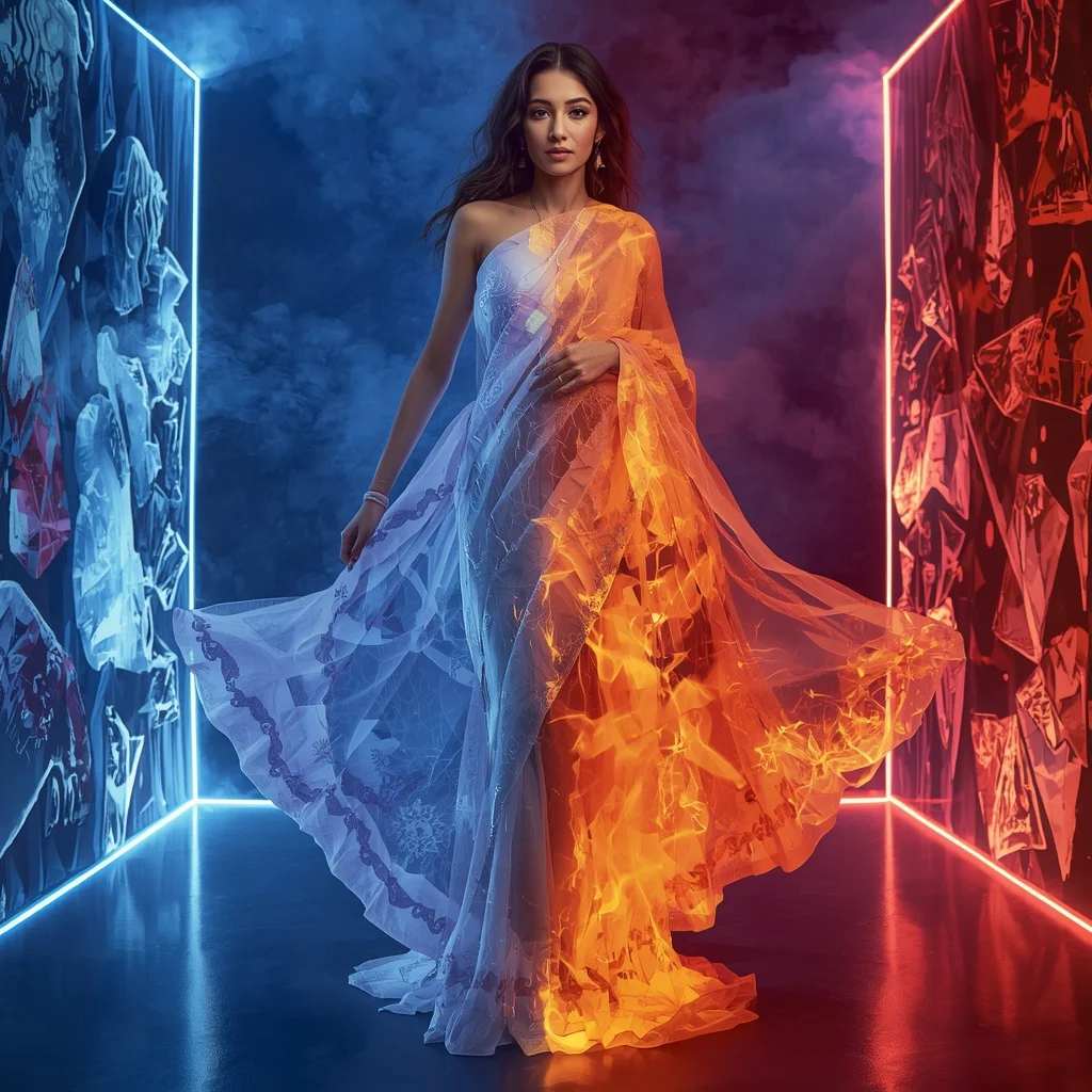 Plasma Ice Fire Silk Rift Saree with Dual Energy Chamber | Best AI Art