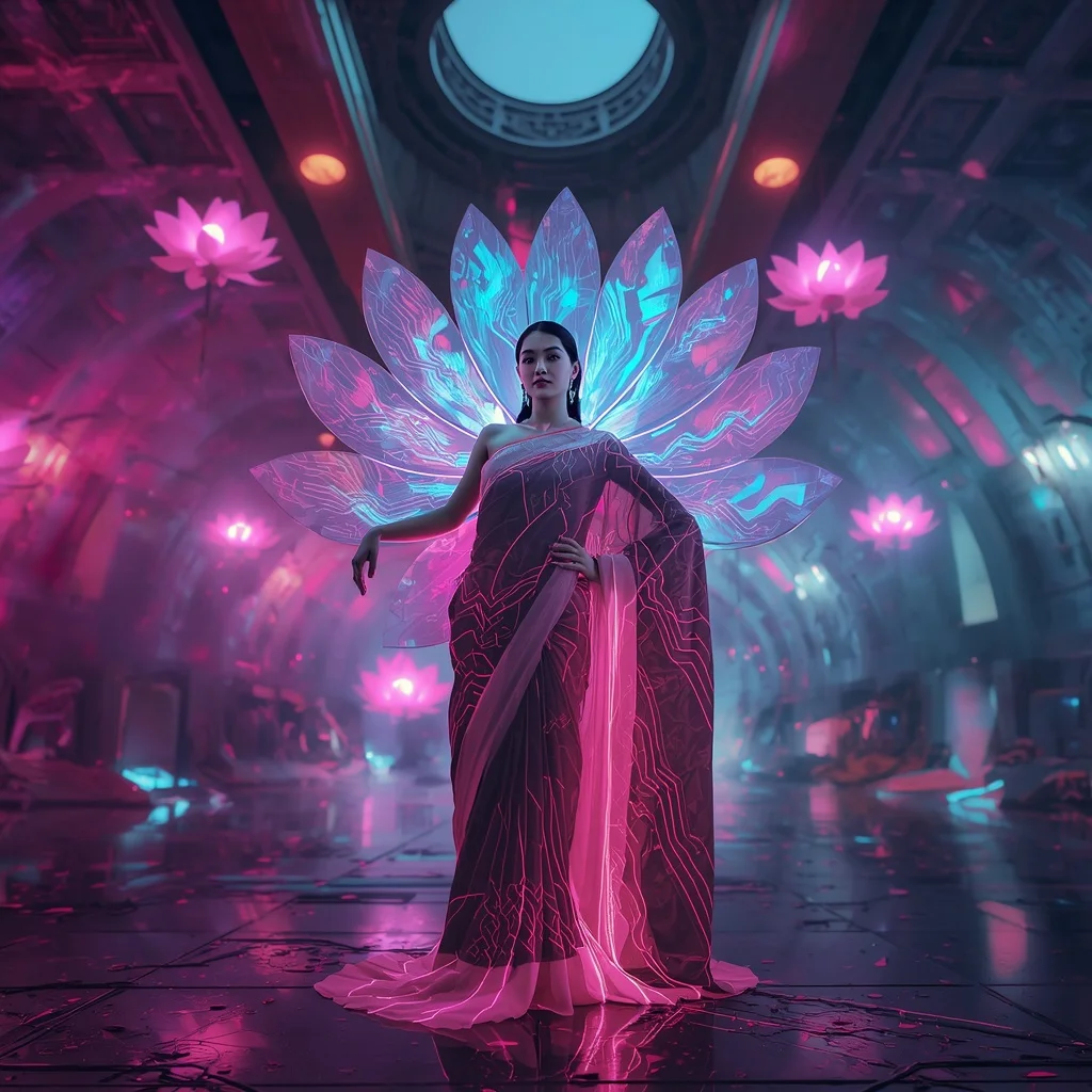 Plasma Lotus Silk Engine Saree with Energy Bloom Reactor | Editing Prompt Girl Aesthetic