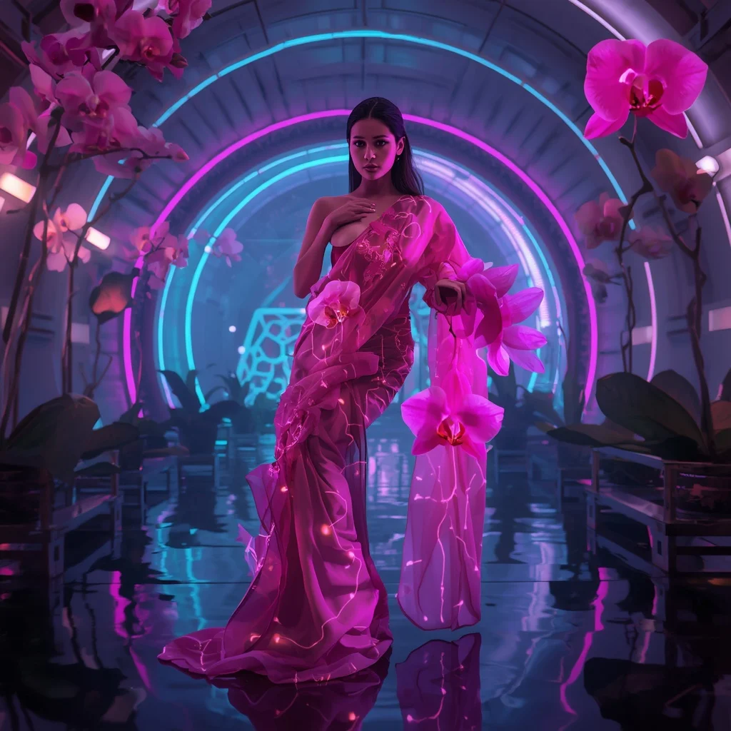 Plasma Orchid Neural Engine Saree with Bio Reactor Bloom | Best AI Art