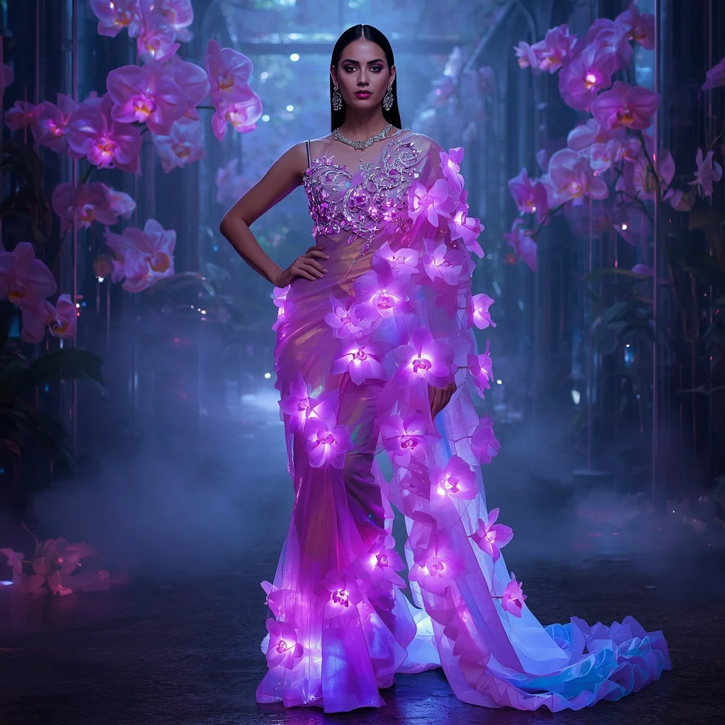 Plasma Orchid Saree with Living Energy Flower Drapes | Leonardo Ai Image Prompt