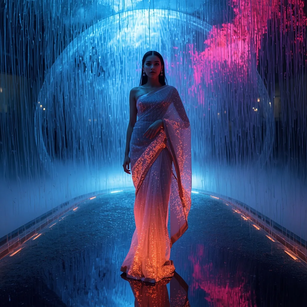 Plasma Rain Silk Saree with Floating Liquid Sky | Google Prompt