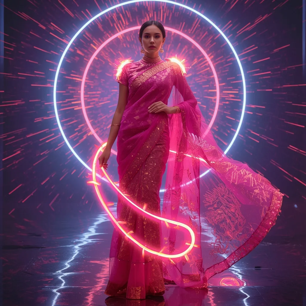Plasma Ribbon Explosion Saree with Energy Spiral Dome | Instagram Girl Gemini Prompt