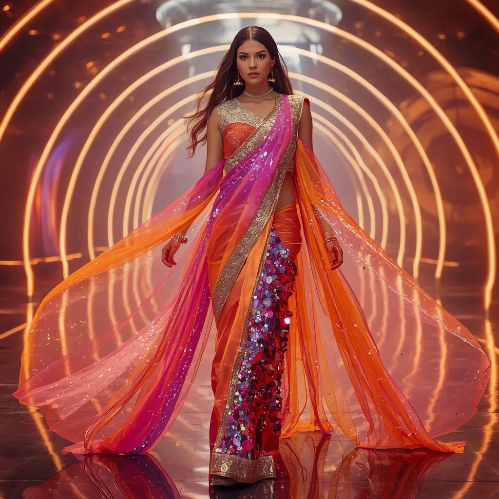 Plasma Silk Mirage Saree with Energy Horizon Hall | Midjourney Prompt List
