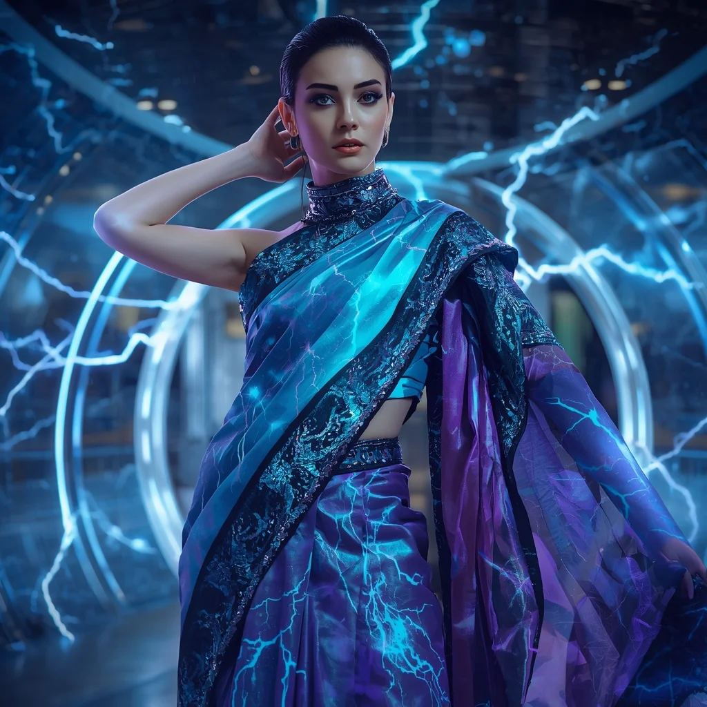 Plasma Silk Neural Storm Saree with Data Lightning Chamber | Saree Ai Prompt