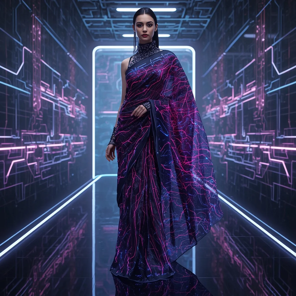 Plasma Wire Saree with Energy Circuit Fabric Mapping | Woman Pose Ai Prompt