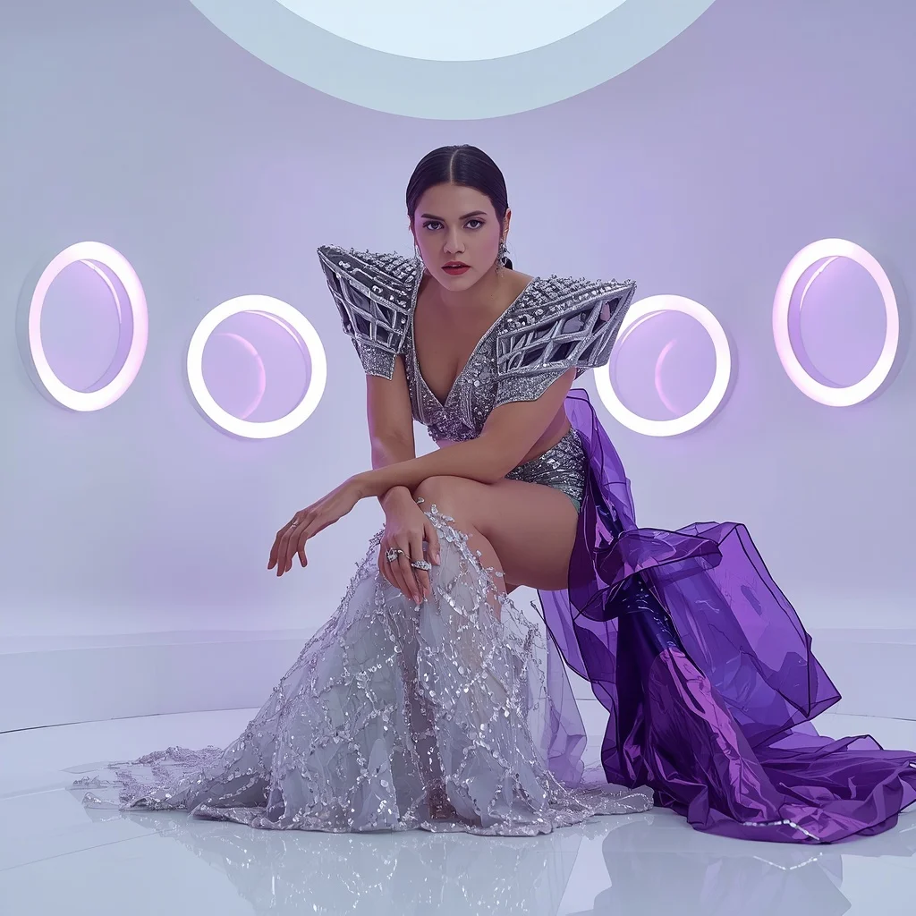 Platinum and Electric Purple Prism Saree with Floating Ring Chamber | Viral Ai Image Prompt