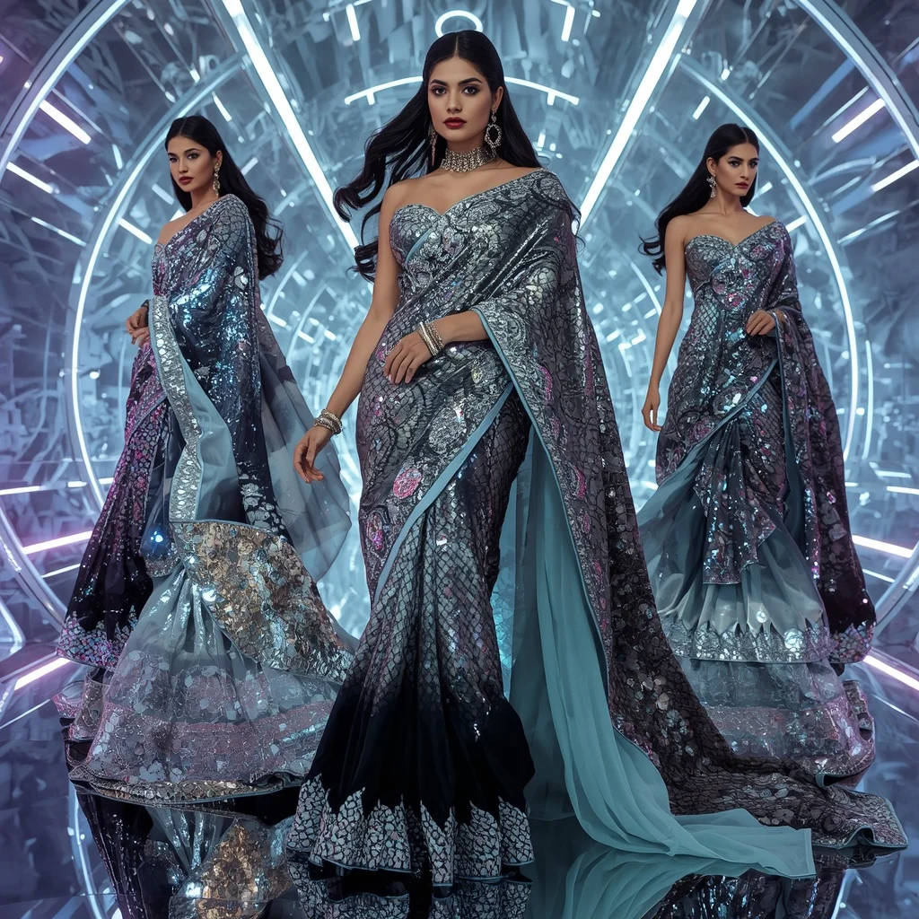 Platinum Cobra Royale Saree with Infinity Hologram Fortress | Saree Prompt Generator