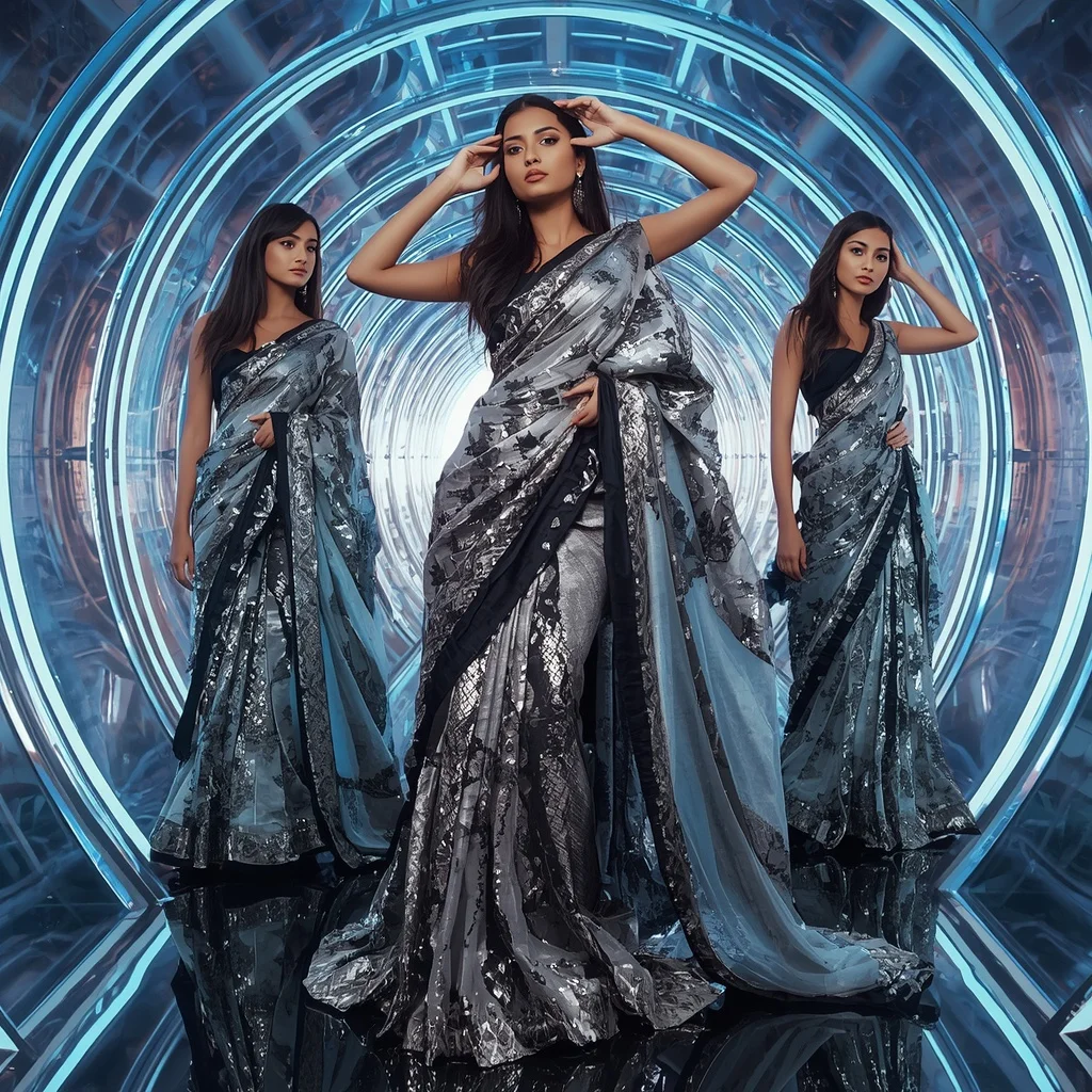 Platinum Cobra Royale Saree with Infinity Hologram Temple | Beautiful Saree Girl Ai Prompt