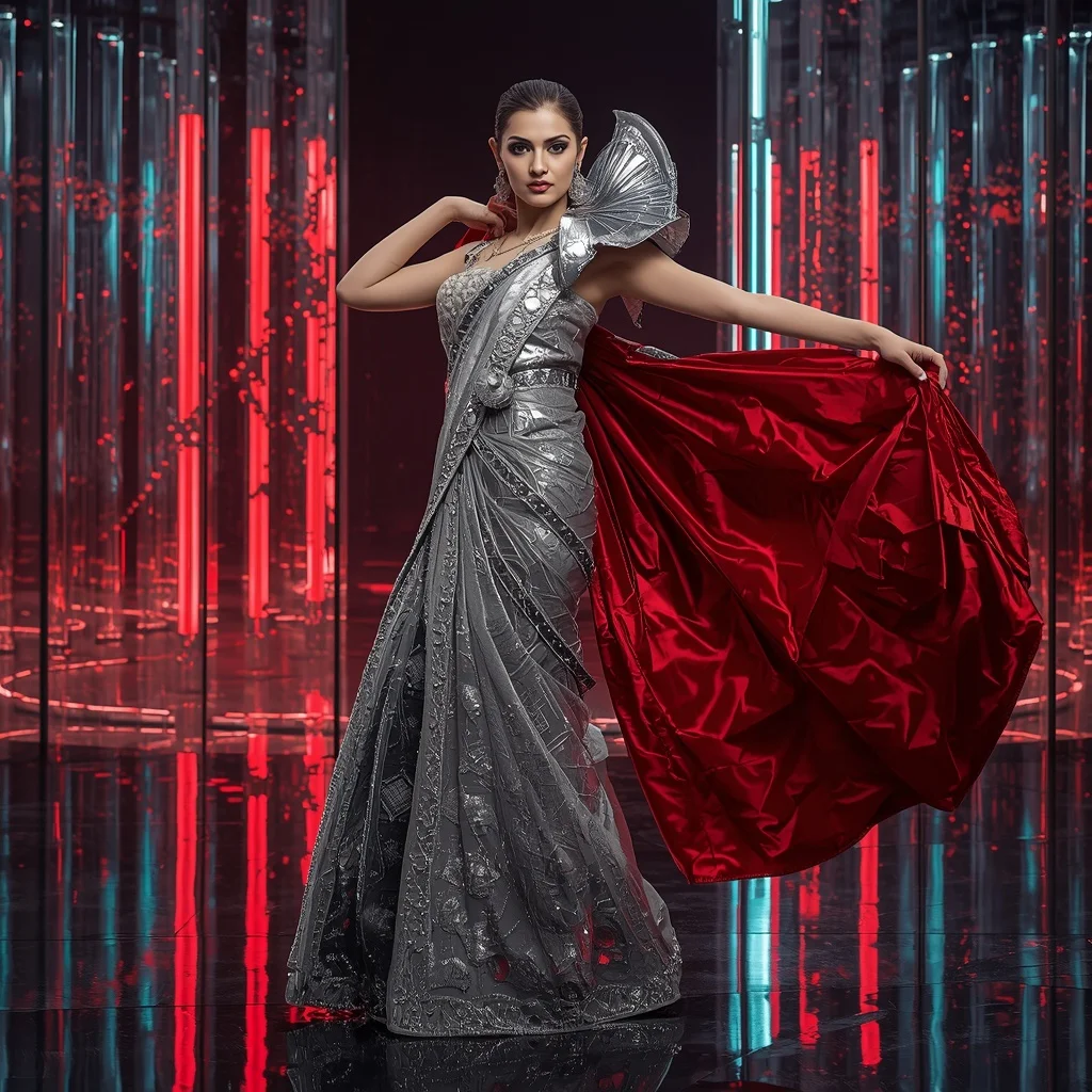 Platinum Flame Infinity Saree with Holographic Reflection Galaxy Infinity Pavilion | Female Model Ai Prompt