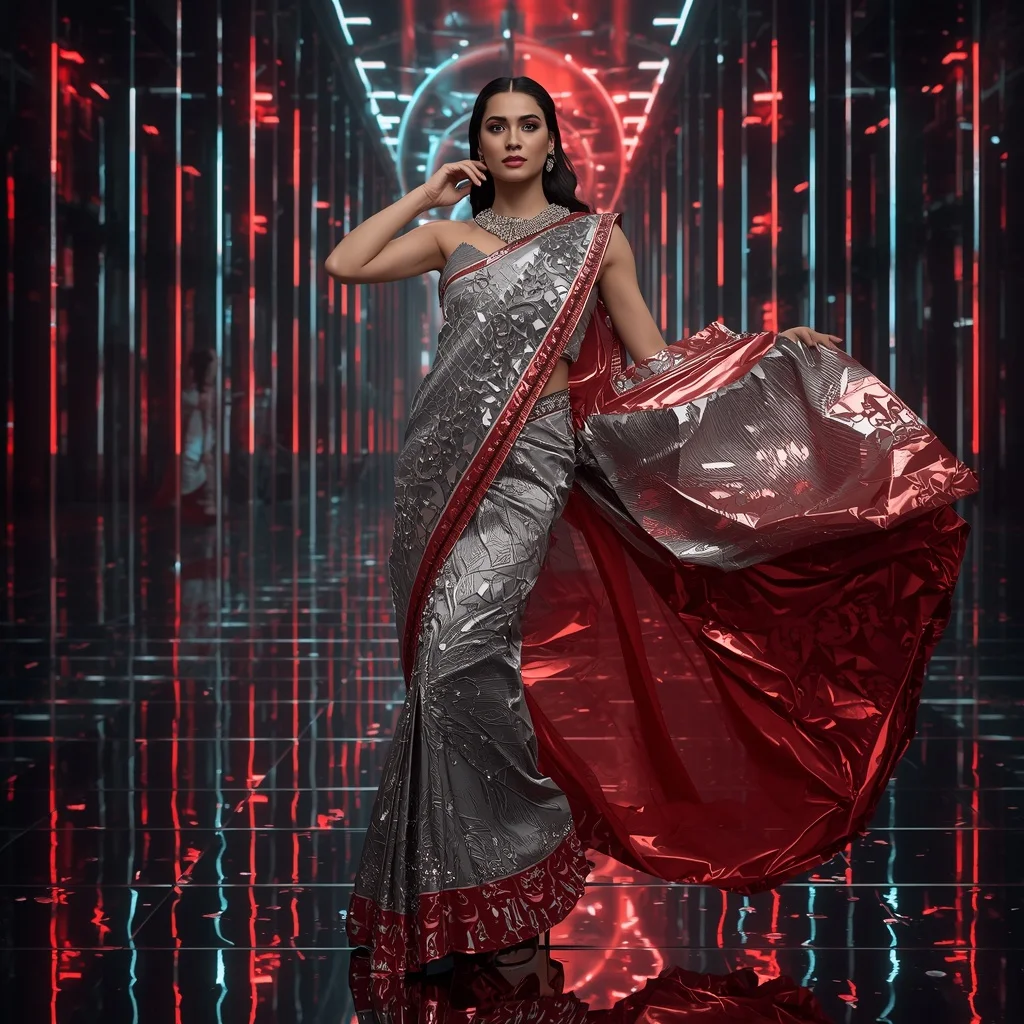 Platinum Flame Infinity Saree with Holographic Reflection Orbit Galaxy Infinity Atrium | Banana Prompts Girls