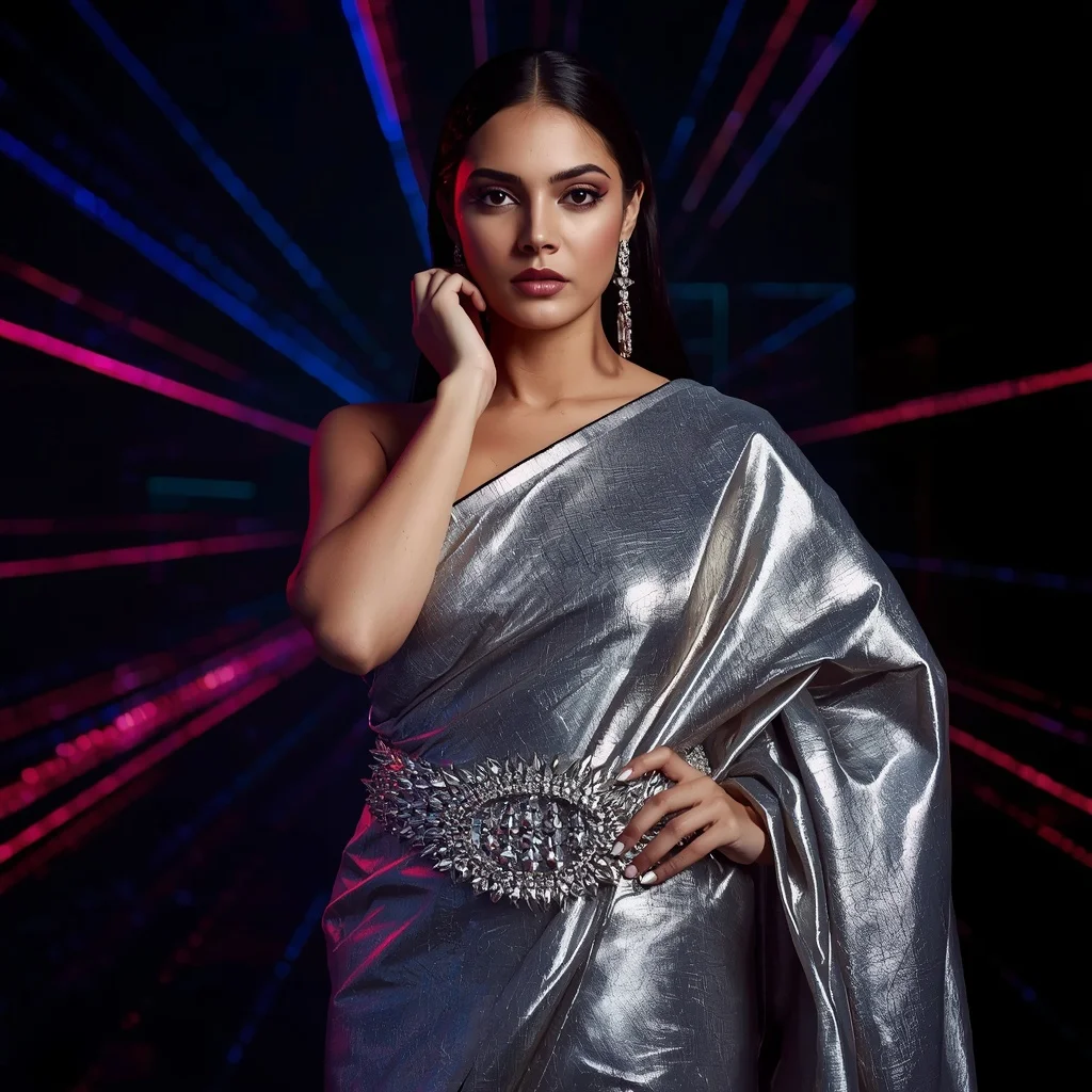 Platinum Foil Overload Saree with Premium Belted Waist Harness | Prompt Trending Girl 2026