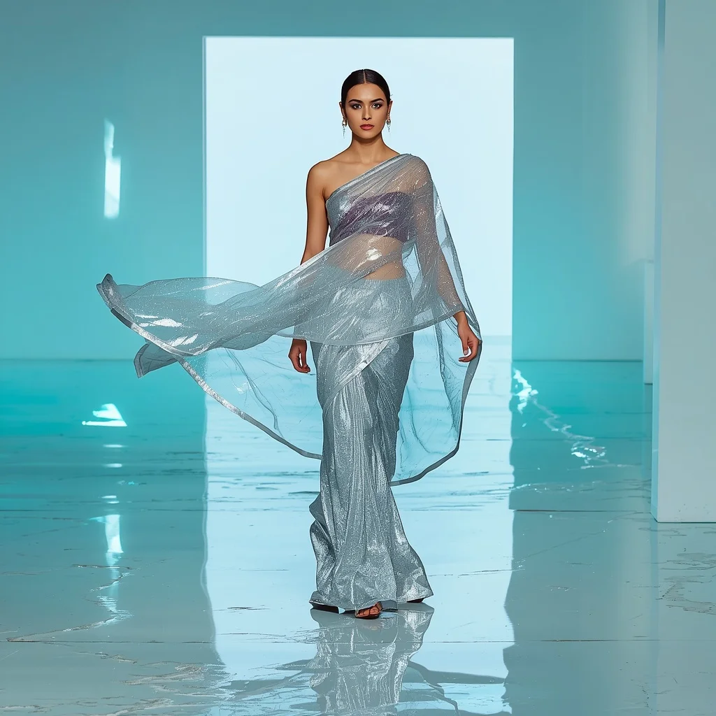 Platinum Foil Tissue Saree – Sweeping Walk Pose with Turquoise Caustics | Ai Prompt For Social Media