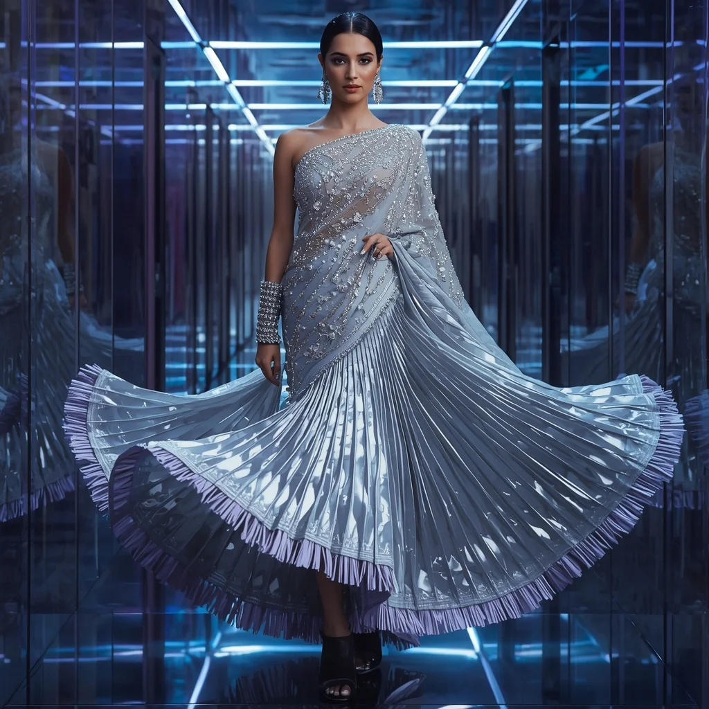 Platinum Frost Mirror Saree with Infinity Orbit Reflection Geometry Corridors | Selfie Prompt