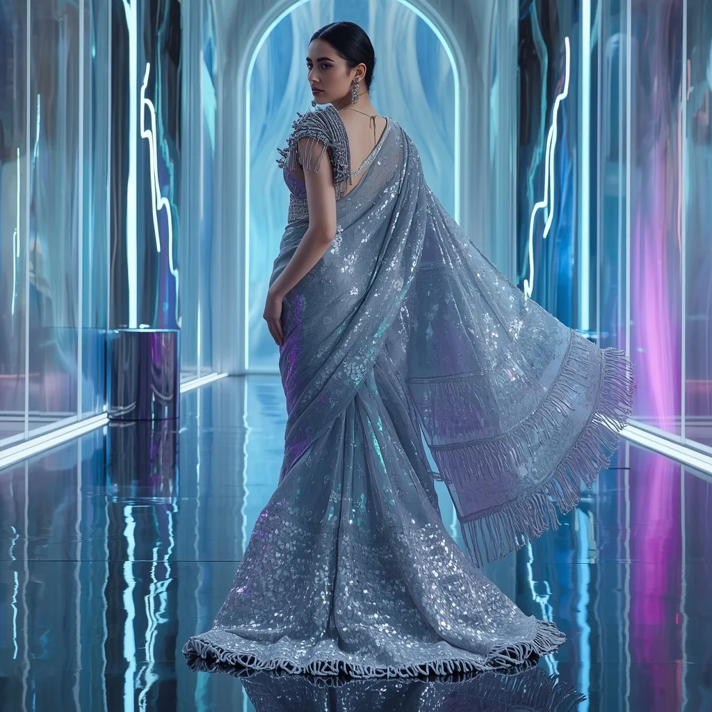 Platinum Galaxy Flame Saree with Floating Aurora Cathedral | Trending Prompt Girls Traditional