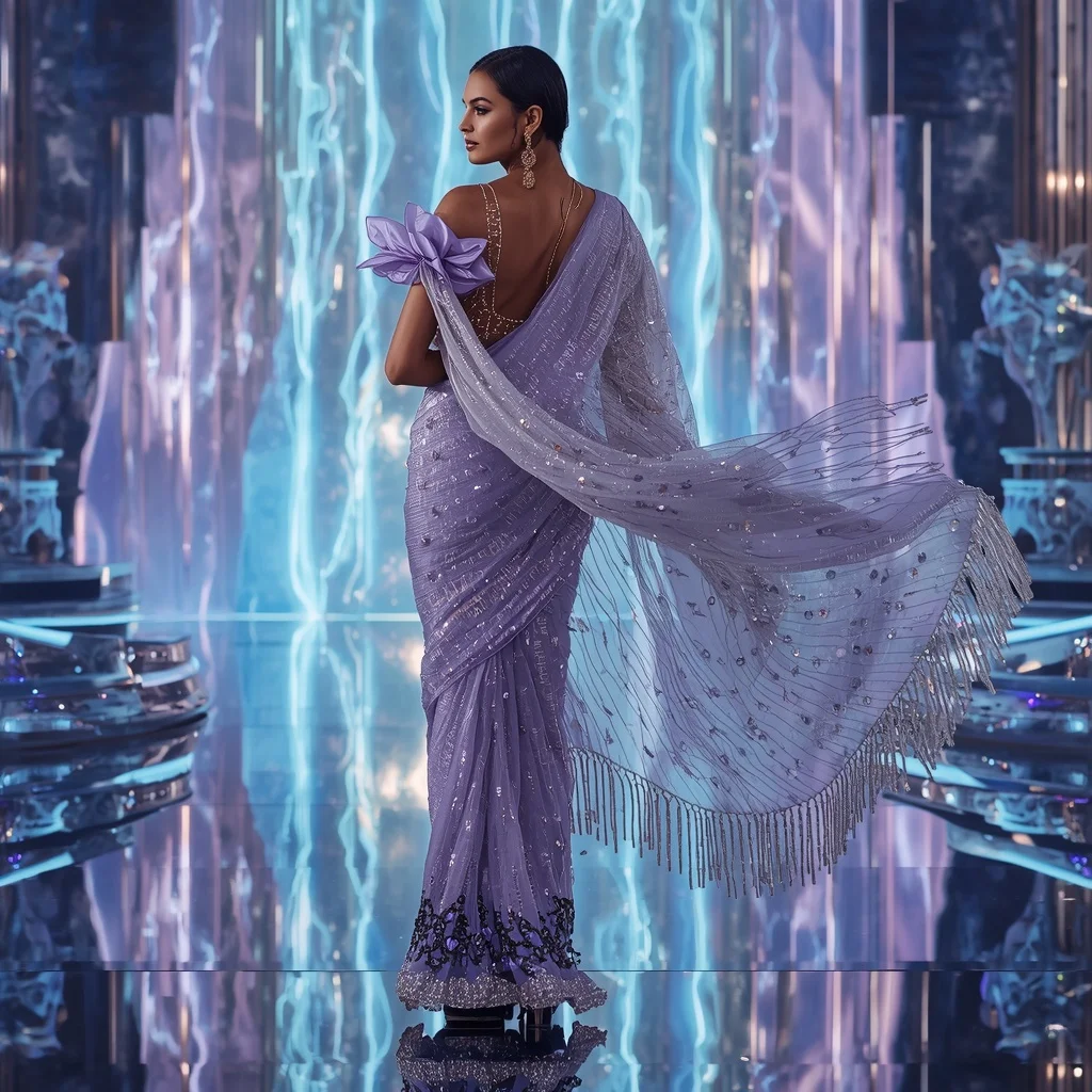 Platinum Galaxy Thunder Saree with Floating Aurora Temple | Aesthetic Ai Prompt