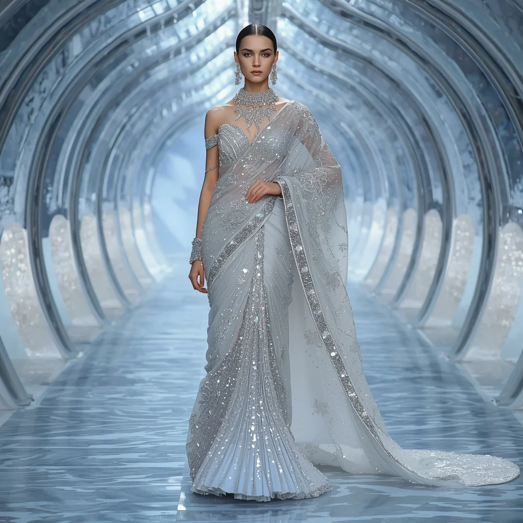 Platinum Glacier Aurora Saree with Frozen Crystal Infinity Hall | Trending Prompt Girls Traditional