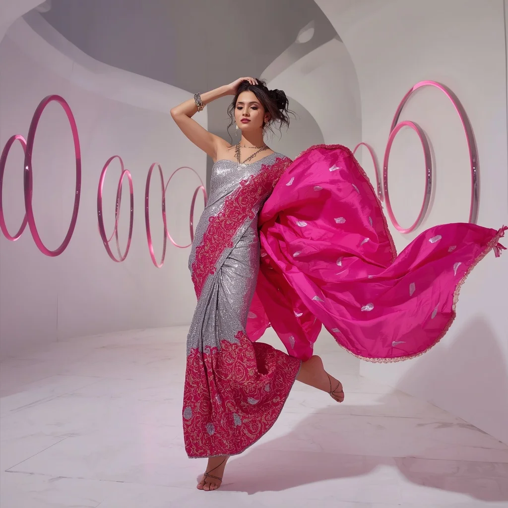 Platinum Lava and Neon Magenta Saree with Floating Ring Gallery | Prompt Ai