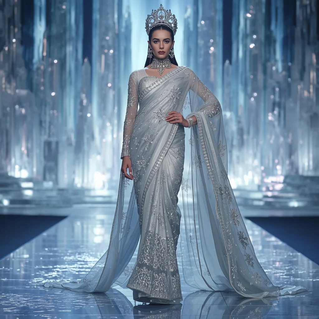 Platinum Snowflake Empress Saree with Frozen Crystal Realms and Aurora Ice Crown City | Gemini Prompt