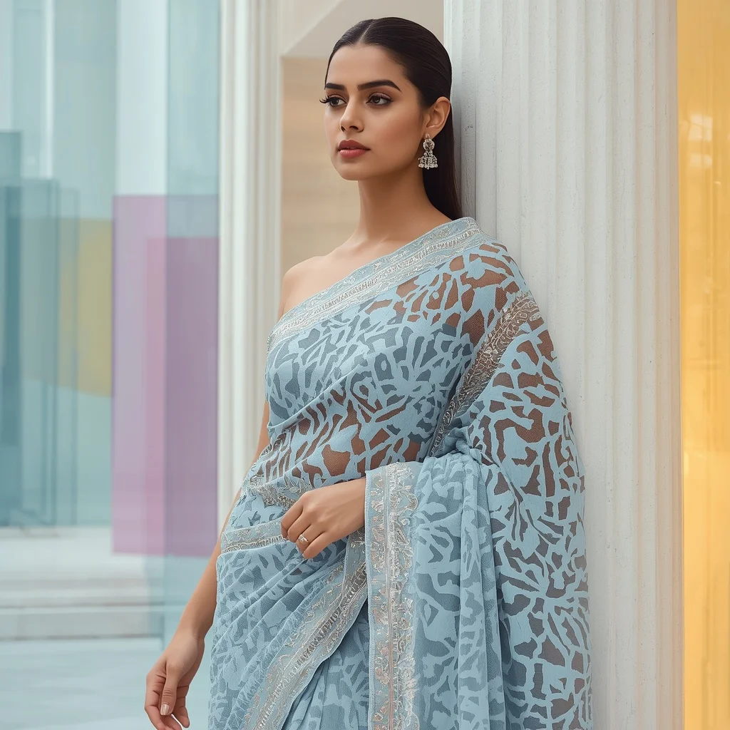 Powder Blue Laser-Cut Advanced Saree Look with Futuristic Lace Patterns and Pearls | Cinematic Ai Prompt
