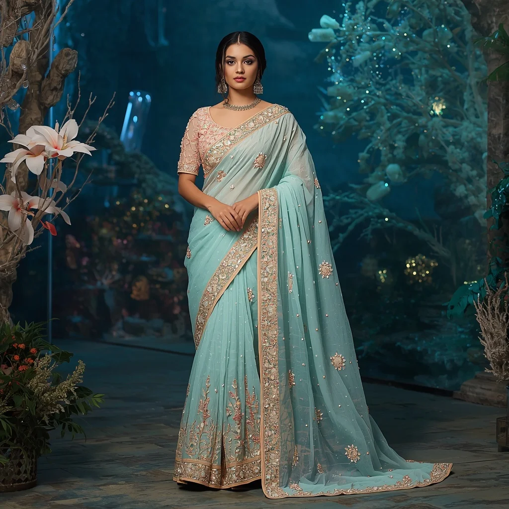 Premium Aqua Coral Princess Saree Couture with Ocean Crystal Garden Background | Influencers Ai Prompt