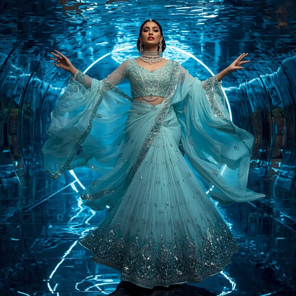 Premium Aqua Crystal Saree with Floating Circular Editorial Air Spiral and Celestial Water Reflection Hall Background | Text To Image Prompt